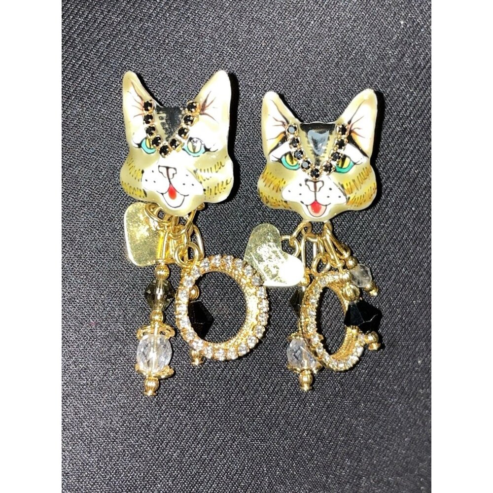 Lunch At The Ritz Dangle Drops Cat Heads Pierced Earrings Multicolor Signed